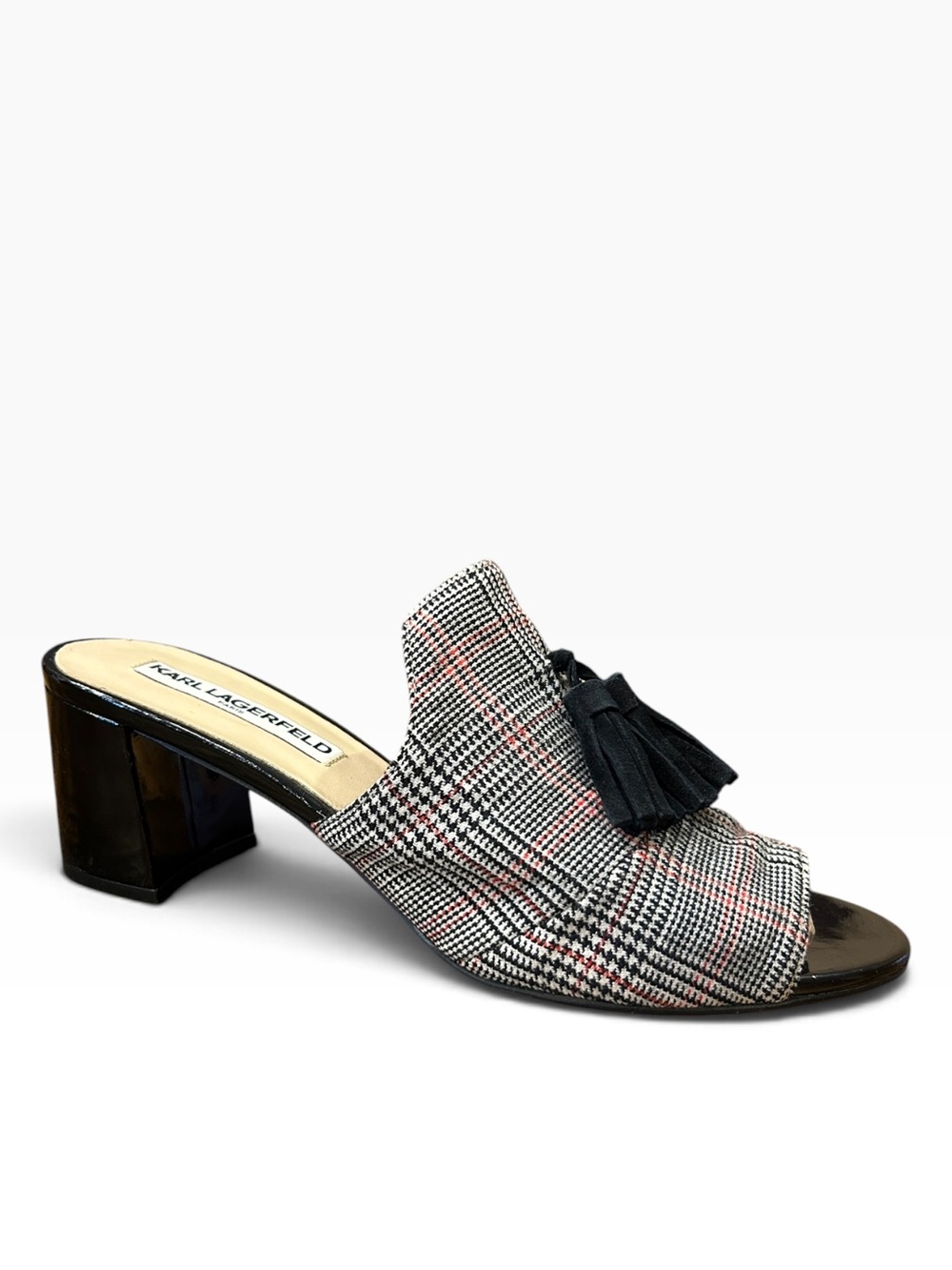Karl Lagerfeld Paris Hettie 2 Mules Houndstooth Plaid Tassel Block Heel Size 8
